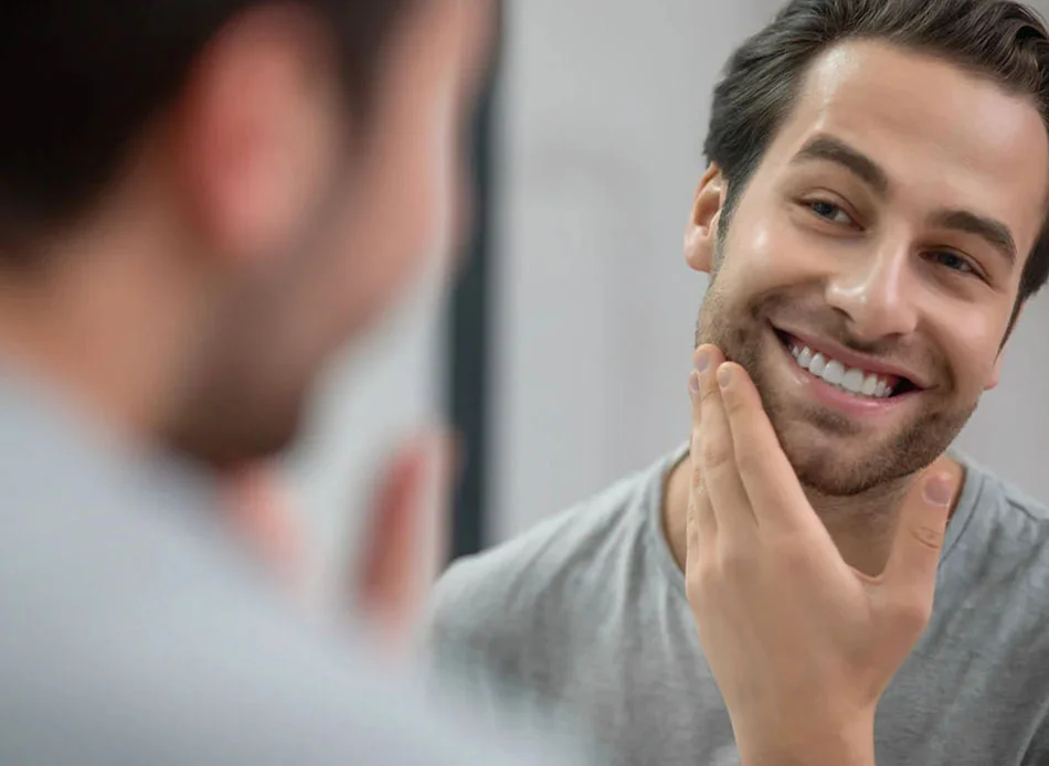 man smiling and touching his face while looking in the mirror - Porcelain Inlays and Onlays in Fort Lee, NJ